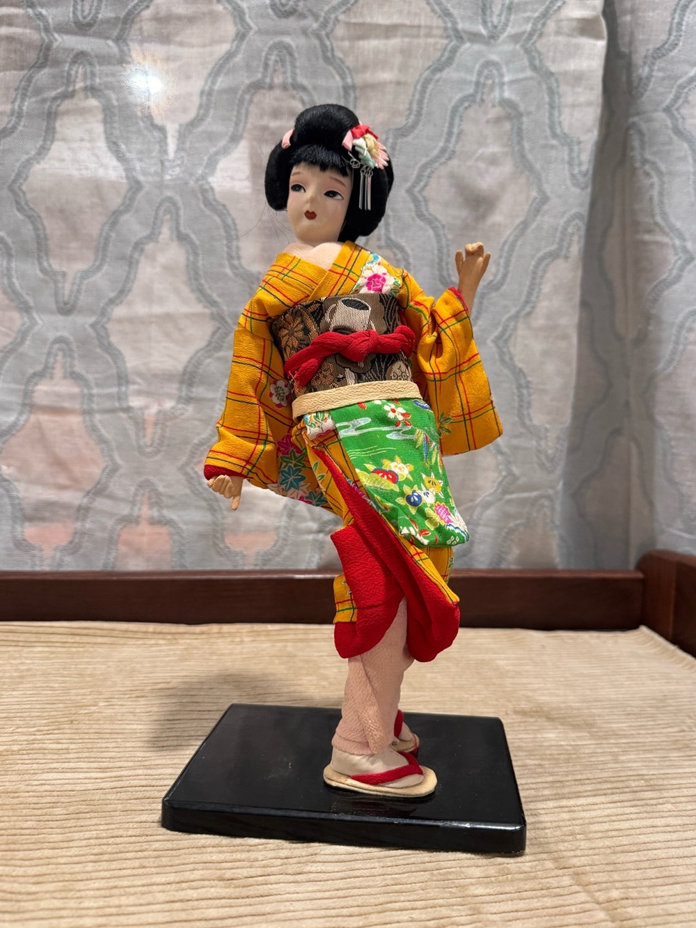 Traditional Japanese Geisha Doll in Yellow Kimono
